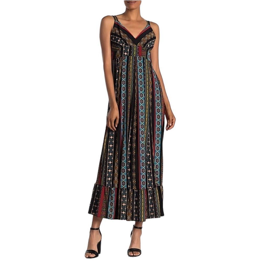 NWT Tahari black printed boho ruffle maxi dress size medium